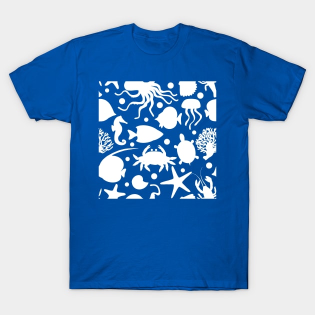 White Ocean Animal Pattern T-Shirt by MillerDesigns